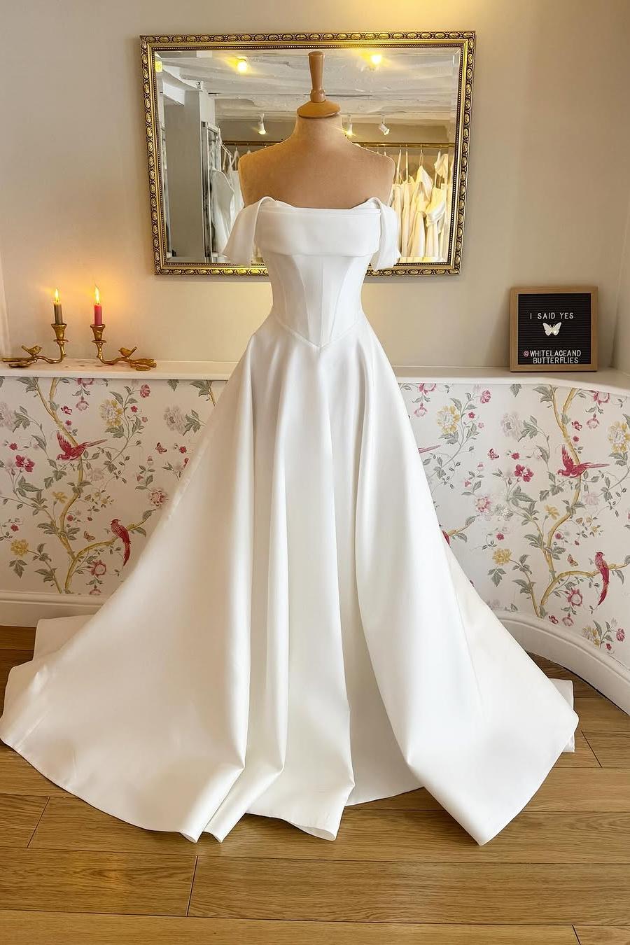 Lussooy White Stunning Satin Off the Shoulder Strapless Long Wedding Dress with Pleated 