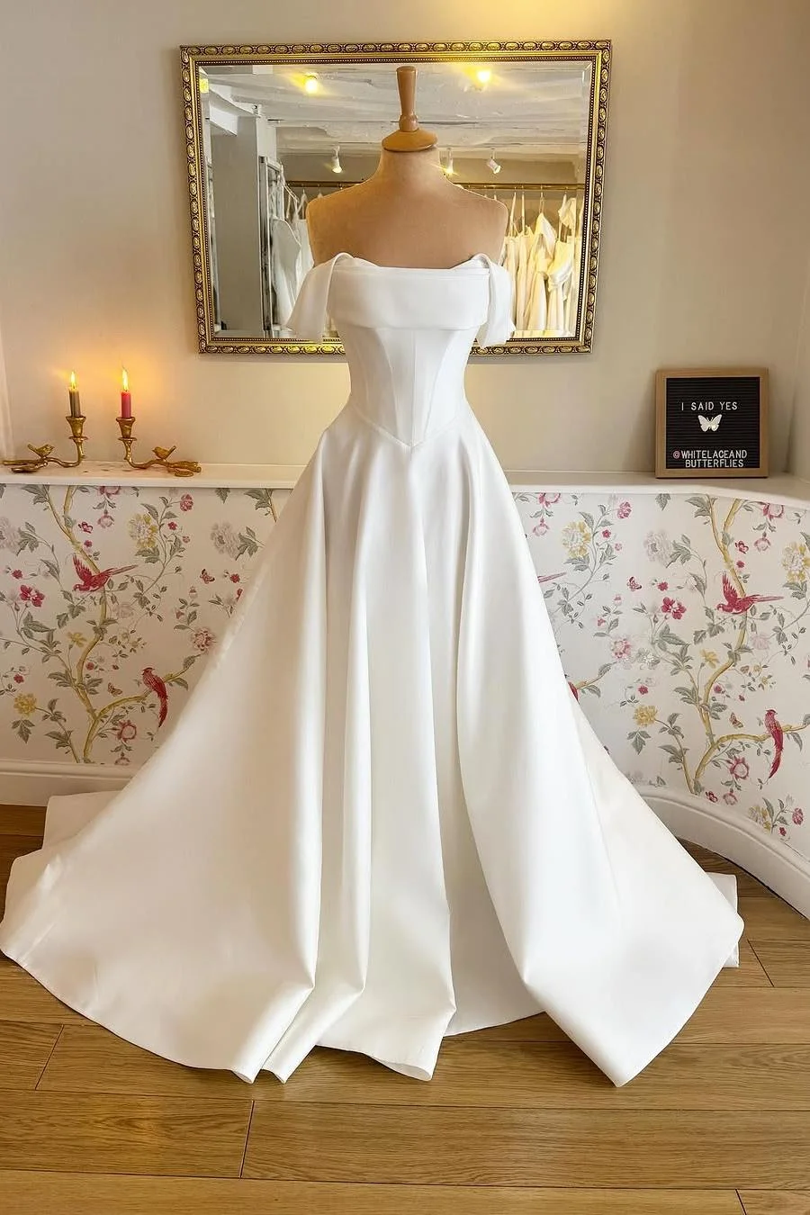 Miabel Stunning White Satin Strapless Off the Shoulder Long Wedding Dress with Pleated 