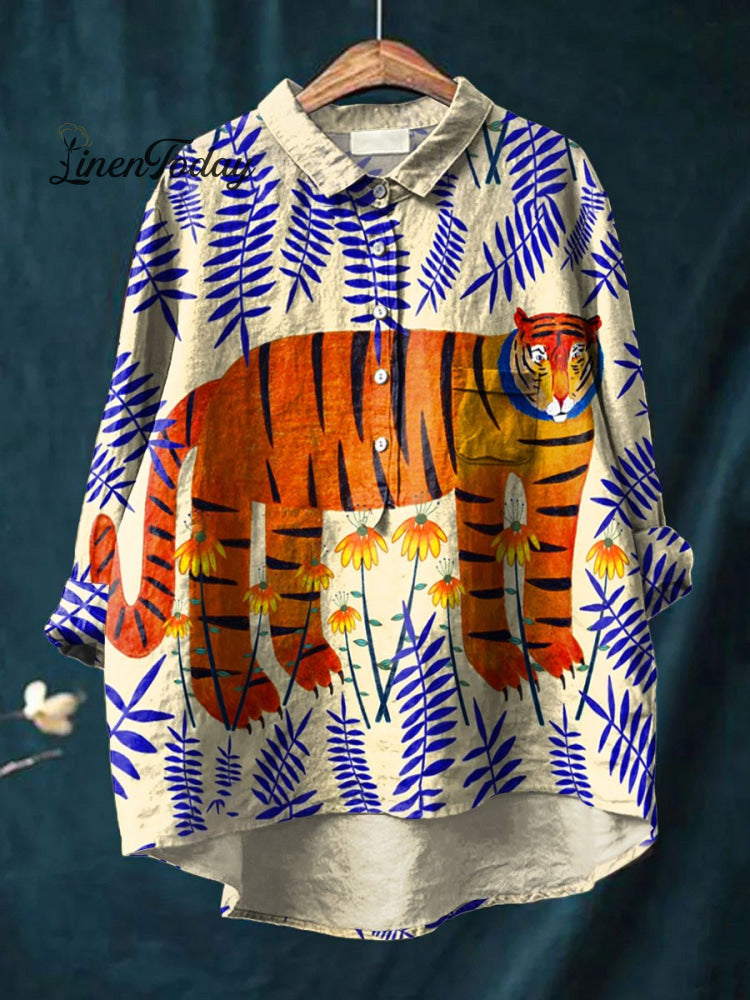 Women’s Vintage Jungle Tiger Colourful Canvas Print Casual Cotton And Linen Shirt Multicolor / S