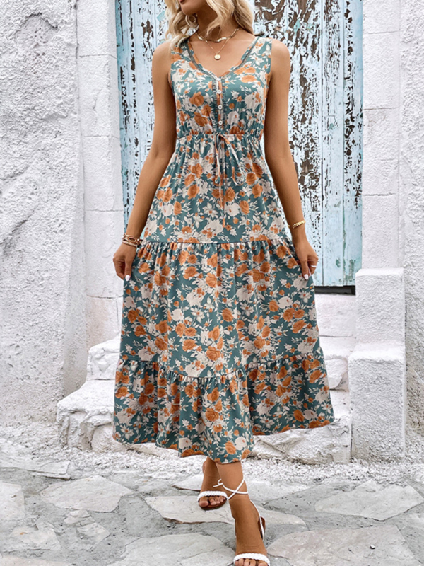 Mature Women Casual Summer Fashion Button Sleeveless Floral Print Dress