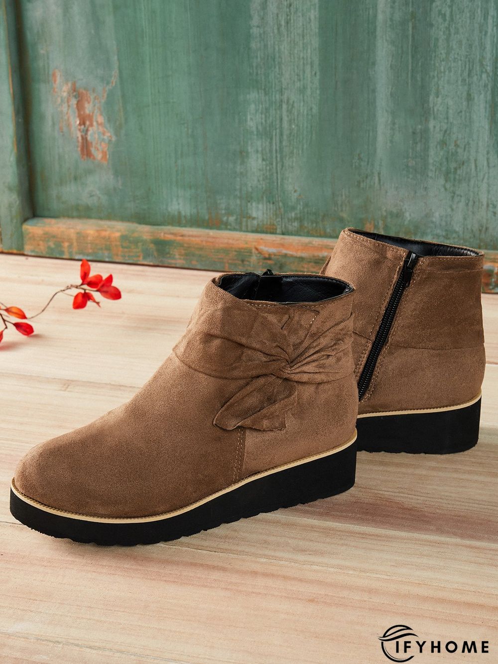 Comfortable Soft Leather Bow Round Toe Low Heel Booties | IFYHOME