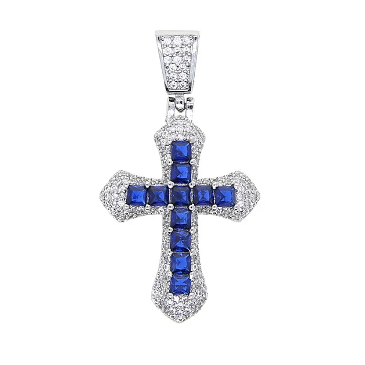 Cross Red Blue Square CZ Stone Iced Out Pendant Necklace Jewelry Gift-VESSFUL