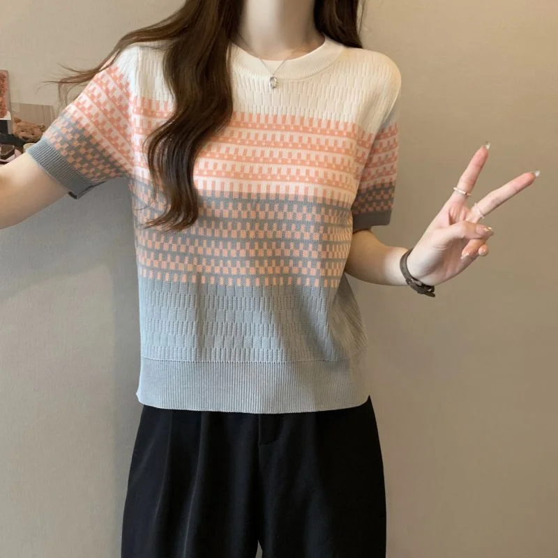 Uveng Uveng Gradient Striped T-Shirt Women's Summer New Oceanic Ice Silk Sleeve Sleeves