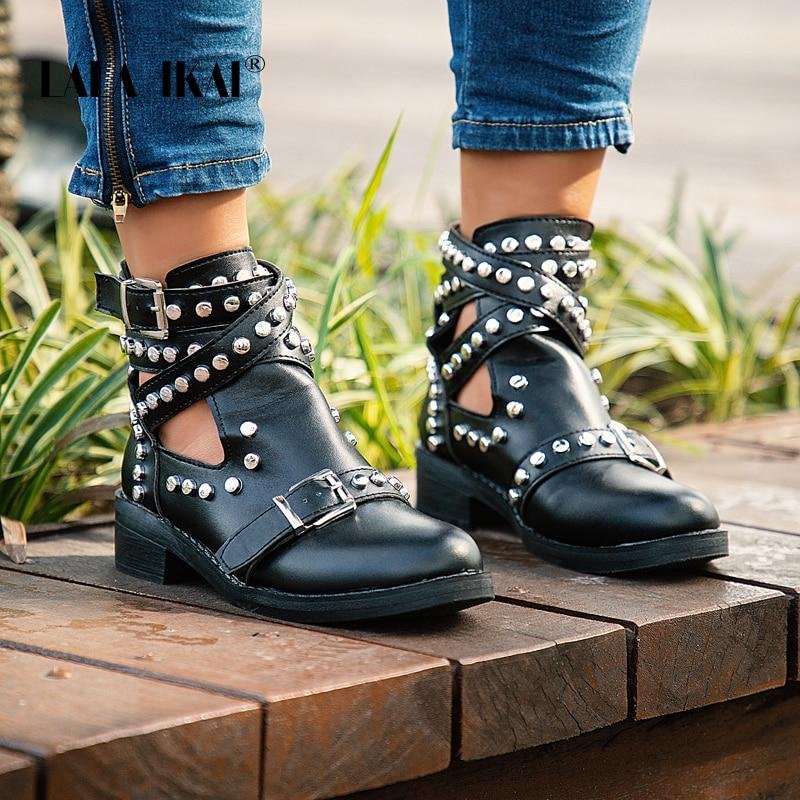 Women Black Ankle Boots Buckle Strap Rivet Shoes Female Pu Leather Motorcycle Boots Punk Boots
