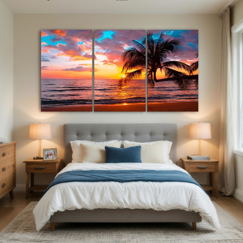3-Piece Set Beautiful Window Beach Sunset Canvas Wall Art