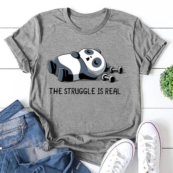 New Unisex Fashion Short Sleeve Round Neck Letters The Struggle Is Real Panda Print Casual Tops T-Shirt