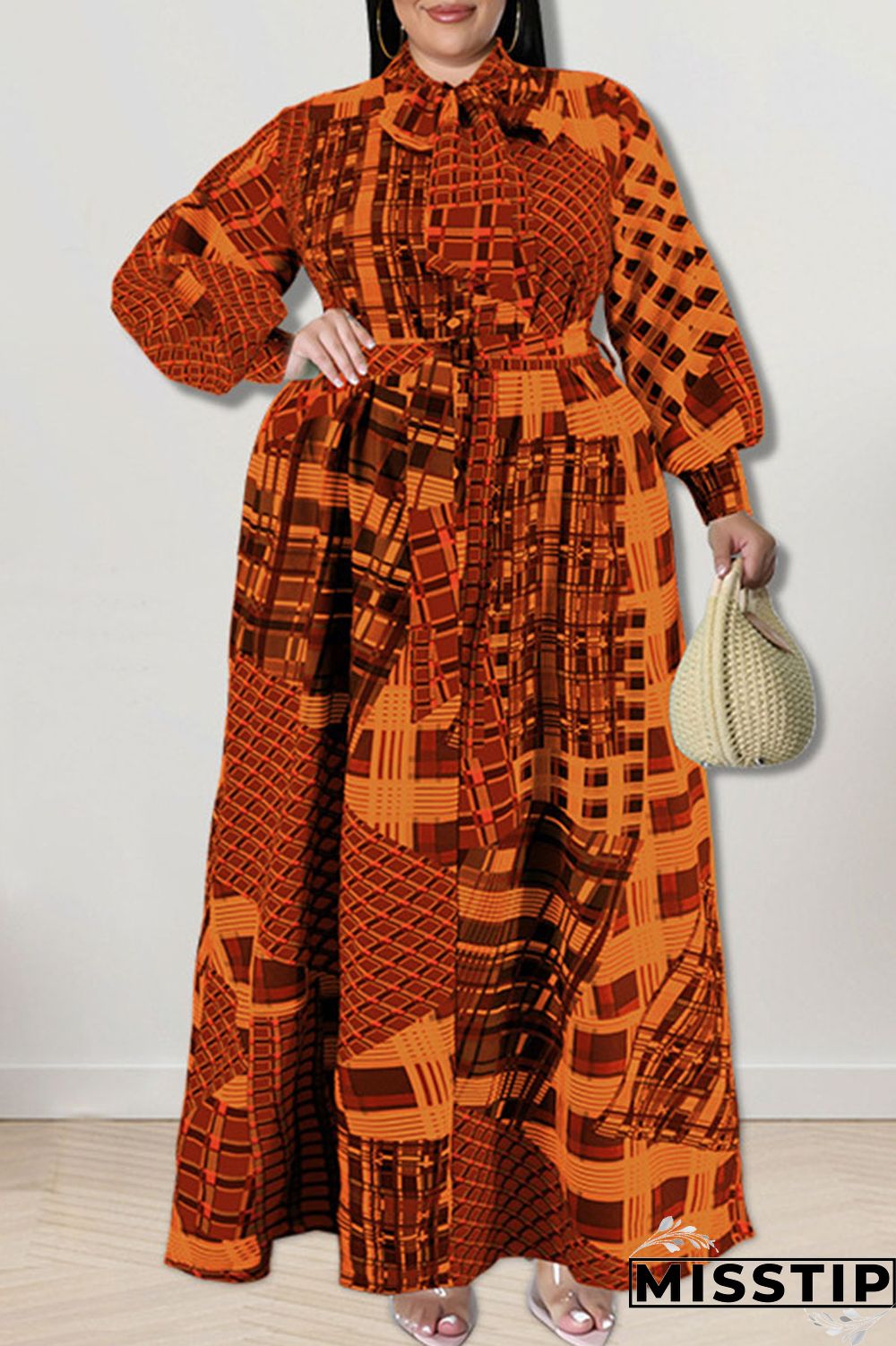 Gold Fashion Casual Print Patchwork Buckle With Bow Shirt Dress Plus Size Dresses