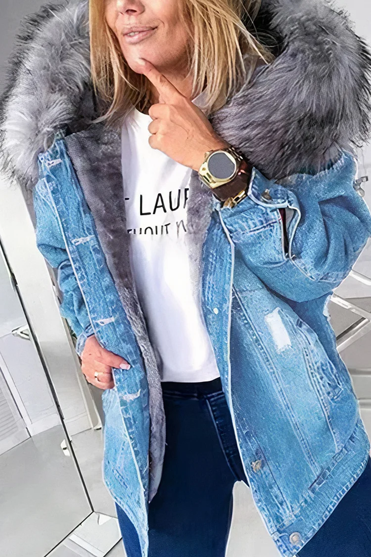 Ripped Contrast Faux Fur Thermal Lined Denim Jacket