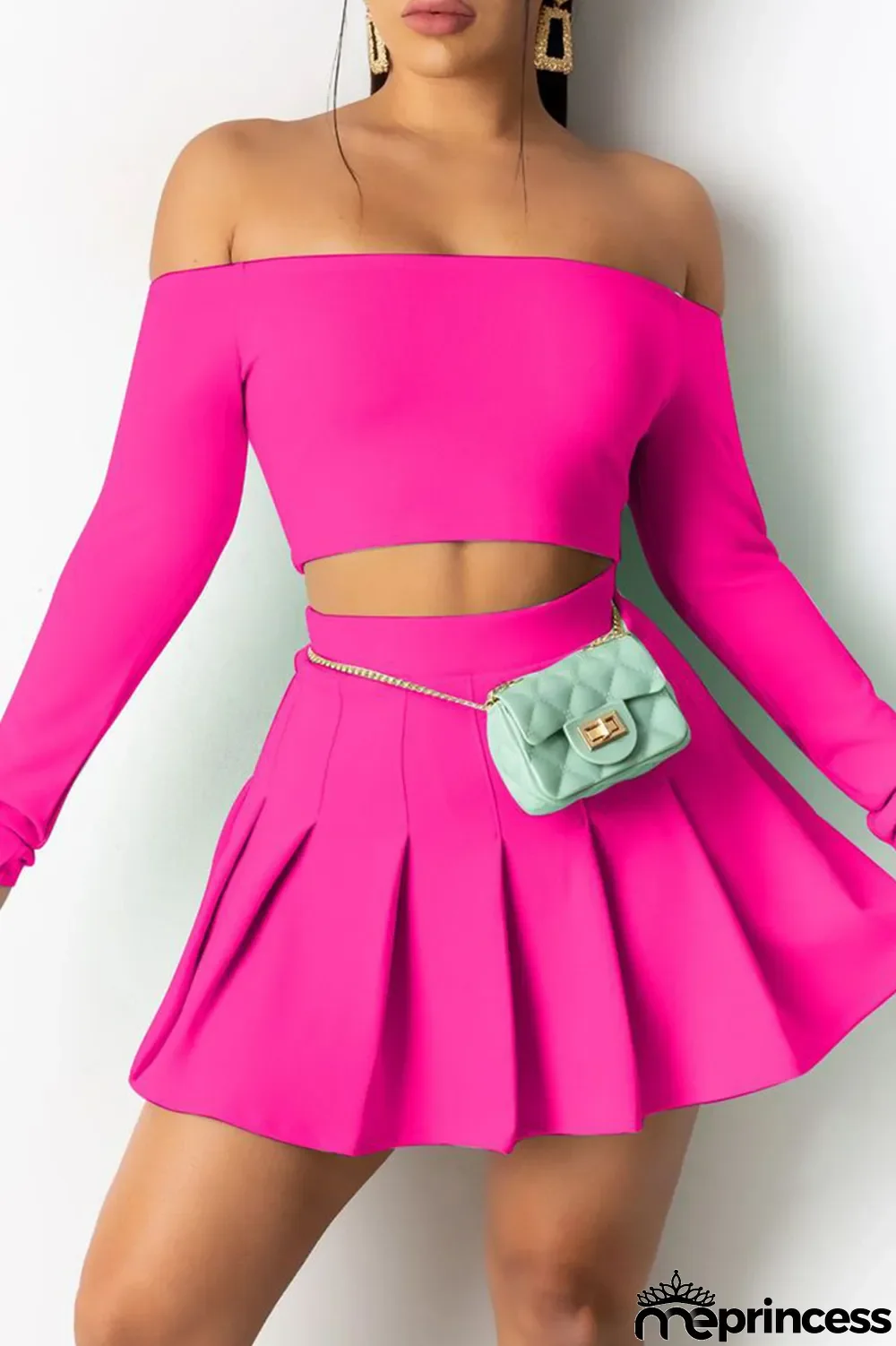 Cyan Sexy Casual Solid Backless Off the Shoulder Long Sleeve Two Pieces