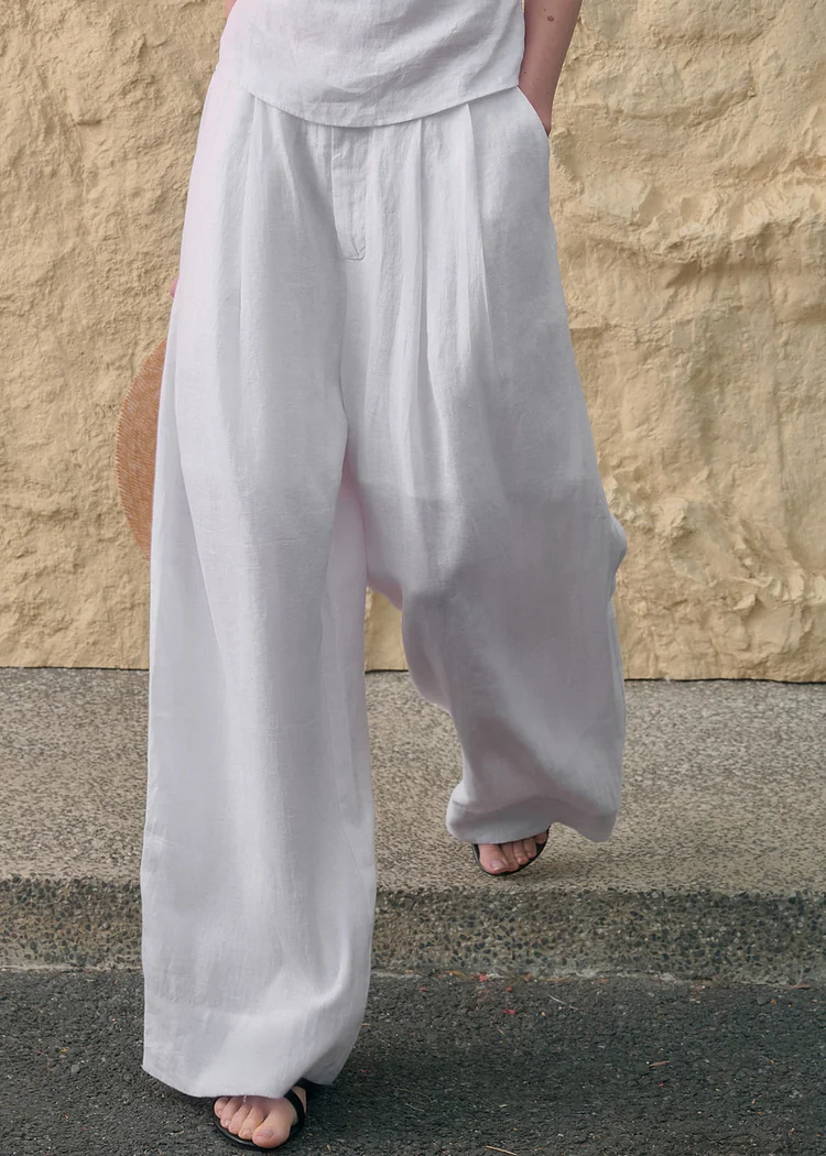 Simple Style White Pockets Linen Straight Pants Summer