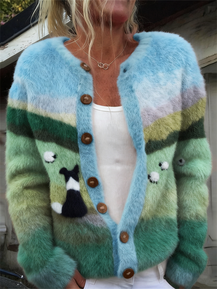Vintage Border Collie & Sheep Landscape Fuzzy Cozy Cardigan elevenforest