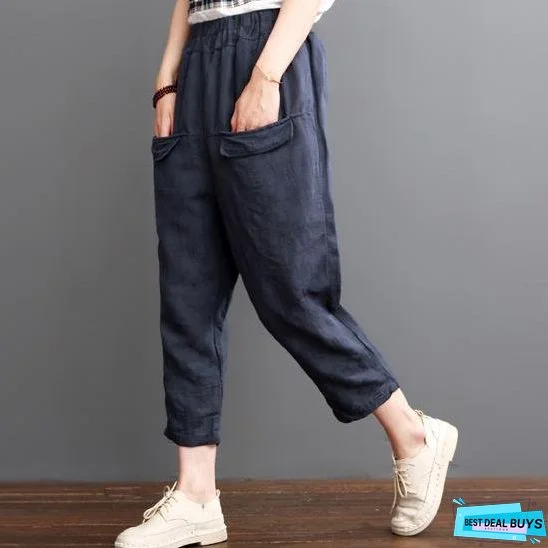 Navy linen pants crop trousers