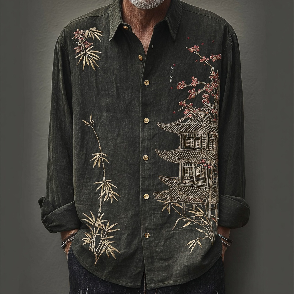 Men's Vintage Japanese Art Inspired Linen Blouse  artssus
