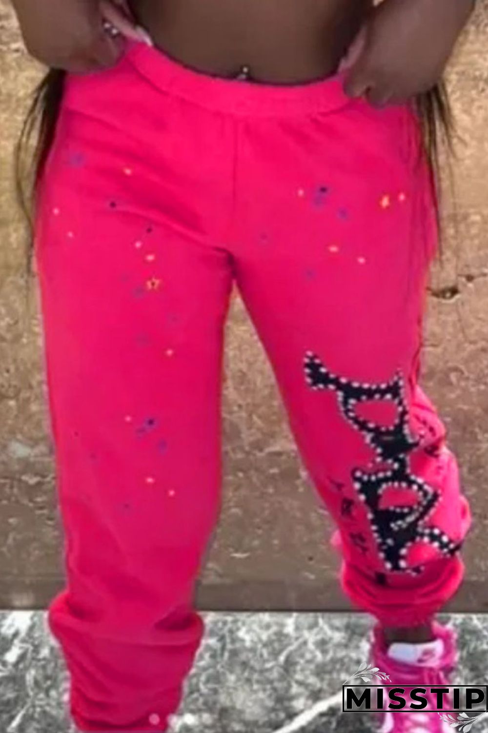 Rose Red Casual Letter Print Patchwork Regular High Waist Conventional Positioning Print Trousers