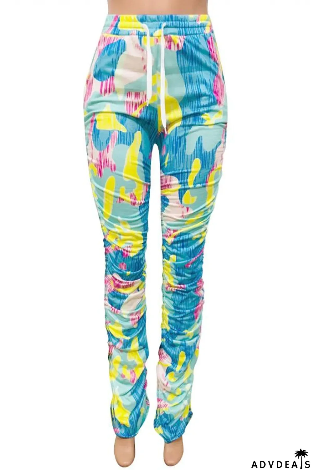 Green colour Polyester Drawstring Sleeveless High Patchwork Print bandage Draped pencil Pants Bottoms