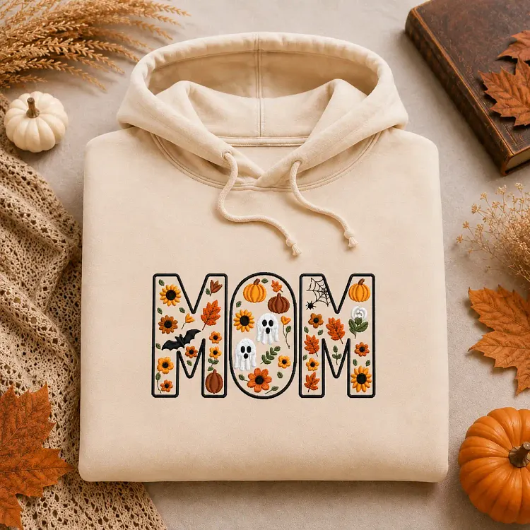 Embroidered Mom Fall Hoodie, Pumpkin Halloween Mom Sweatshirt, Floral Autumn MOM Pullover, Cozy Fall Gift for Mom