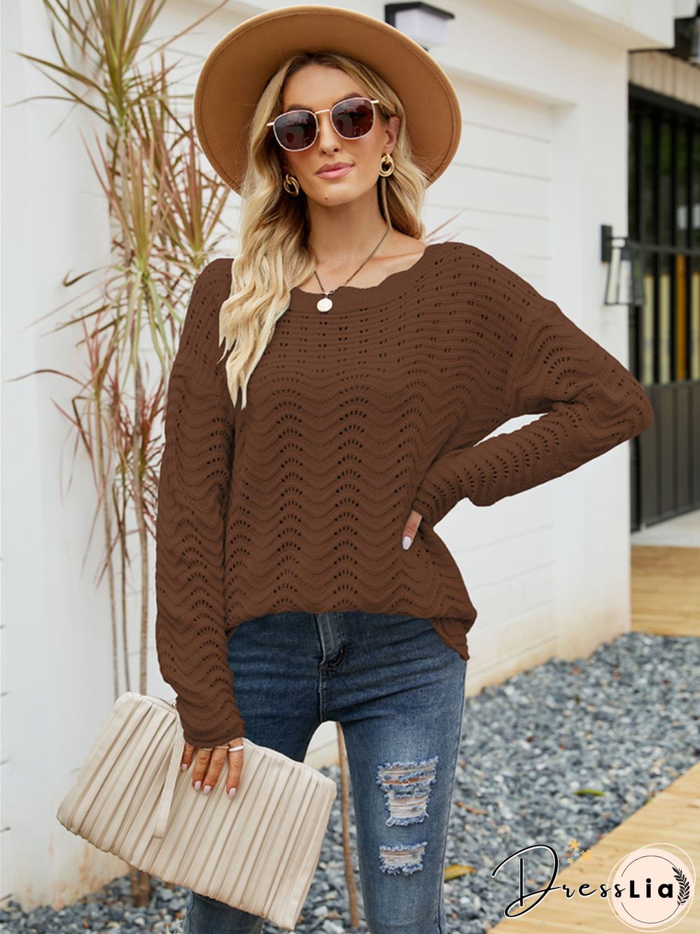 Solid Color Cut-out Pullover Lace Knit Ladies Sweater