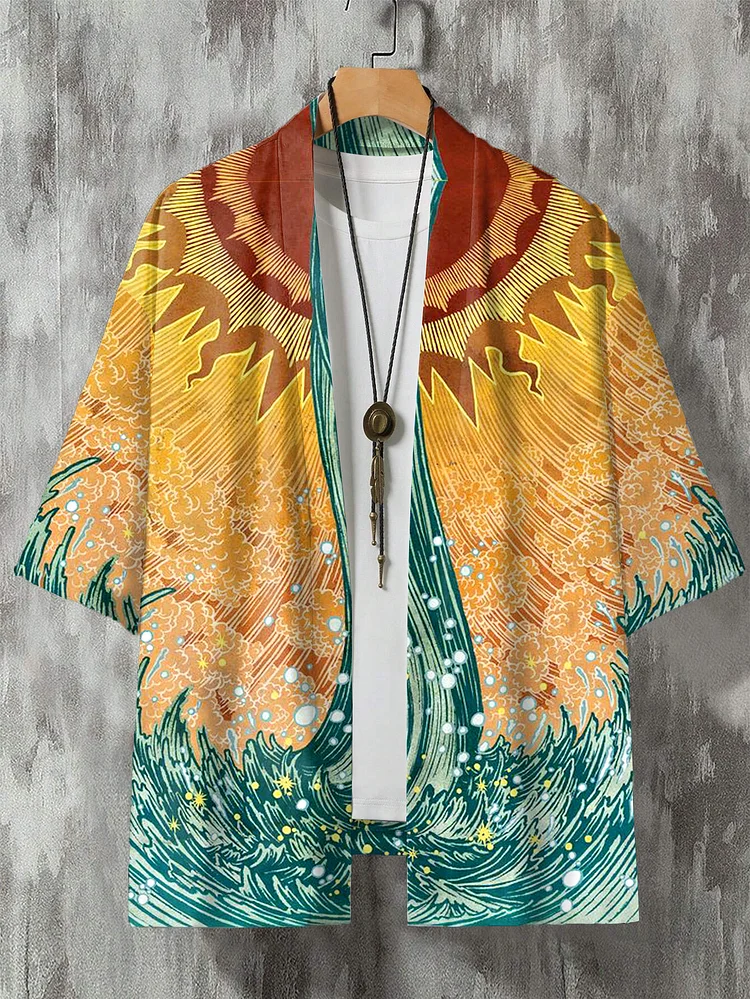Men's Hippie Sunset Wave Ukiyo-e Art Print Casual Kimono Cardigan
