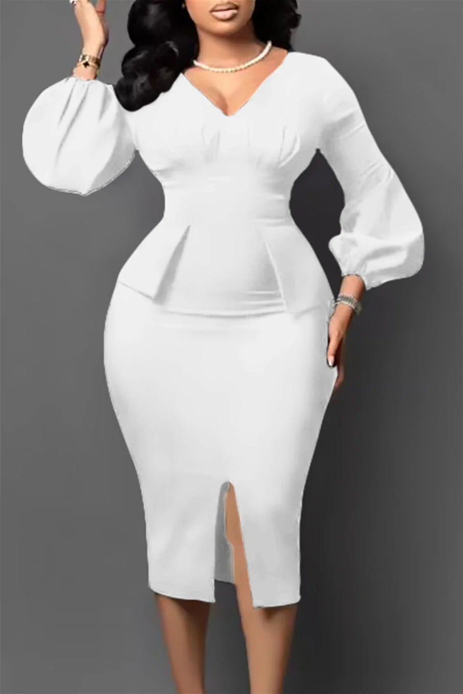 V-Neck Bubble Sleeve Split Dress