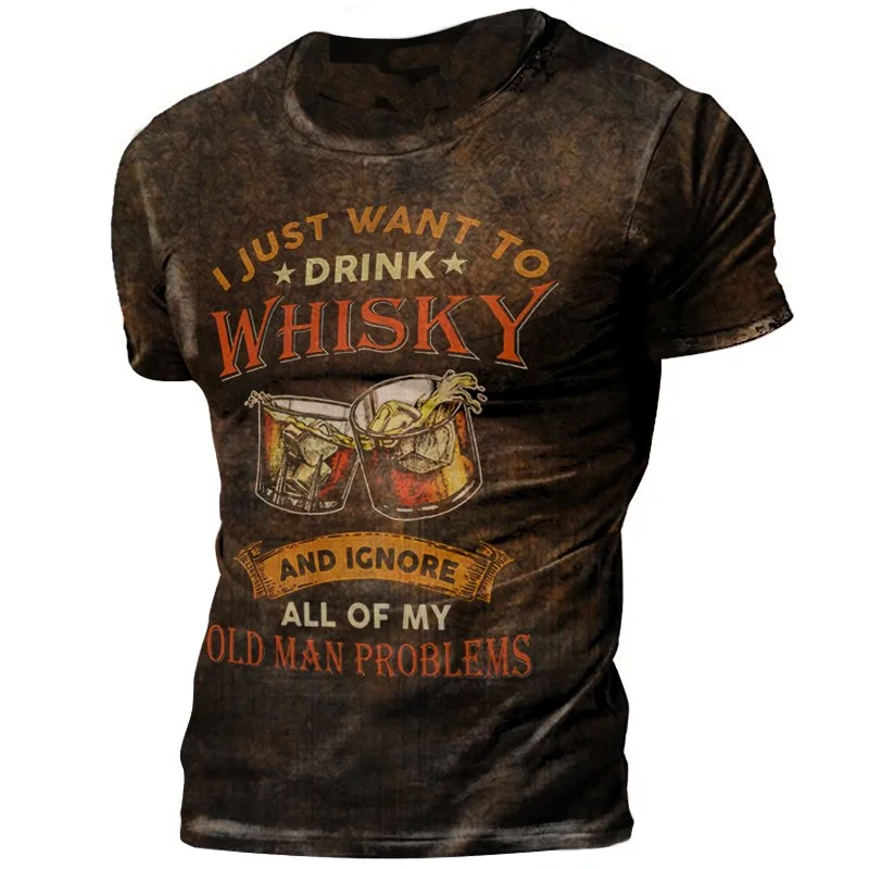Mens Comfy Vintage Whiskey Print Short Sleeve T-shirt