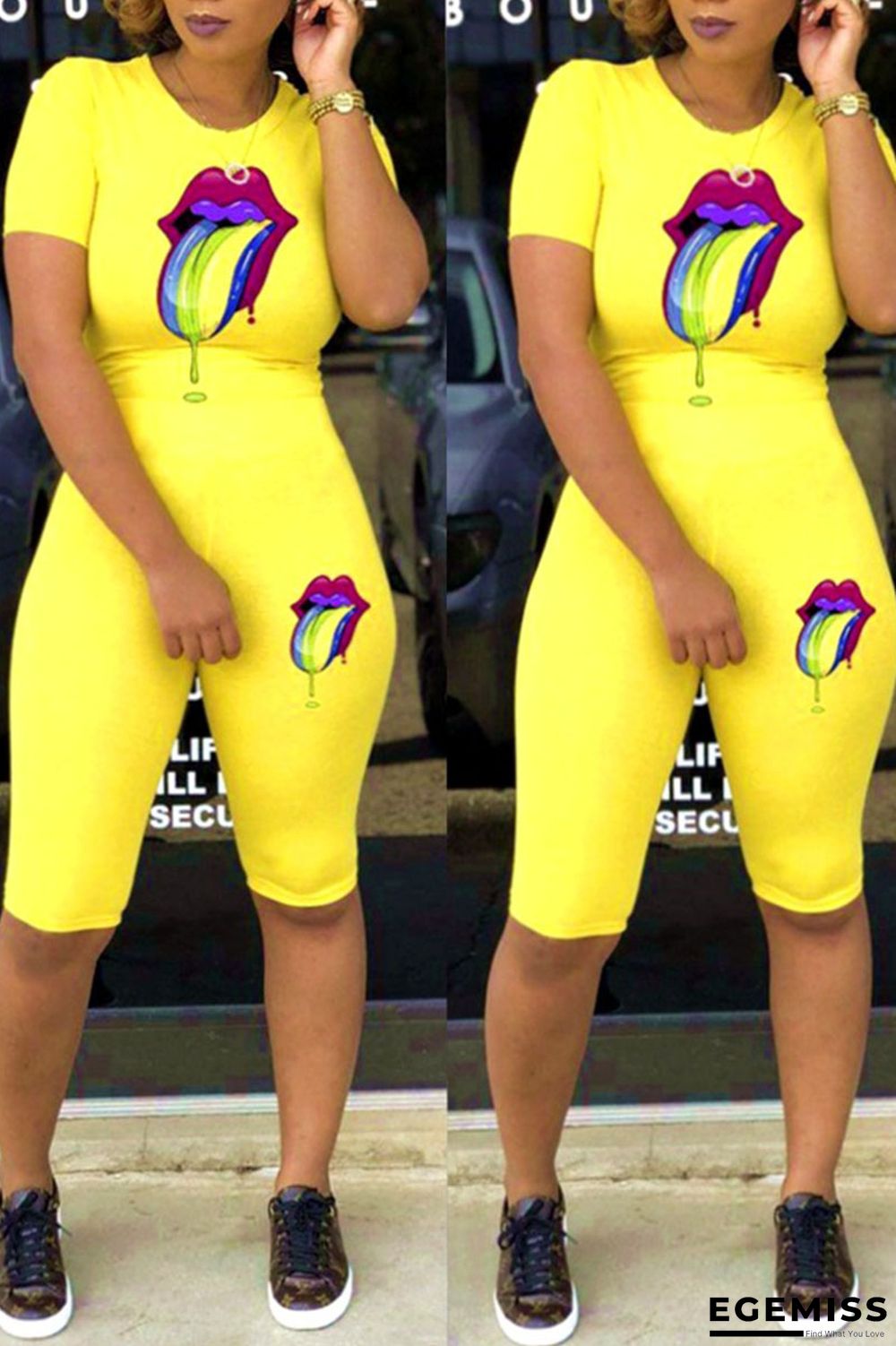 Yellow Casual Print Patchwork O Neck Short Sleeve Two Pieces | EGEMISS