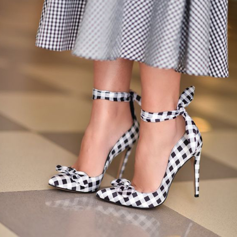 GOOSHOE Black and White Plaid Bow Heel Wedding Pumps