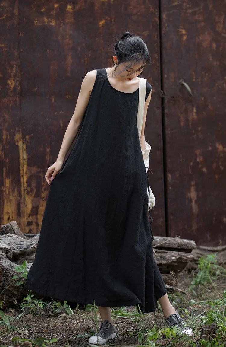 Simple Ramie Sleeveless Lace-up Midi Dress