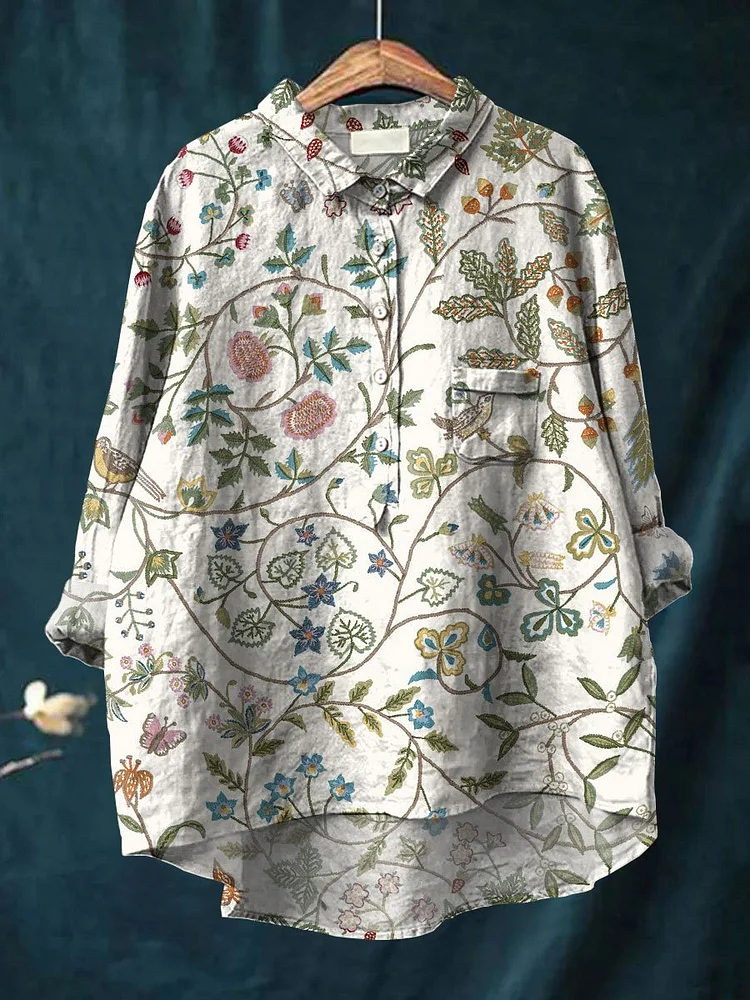 Women's Vintage Flower Art Print Casual Cotton And Linen Shirt