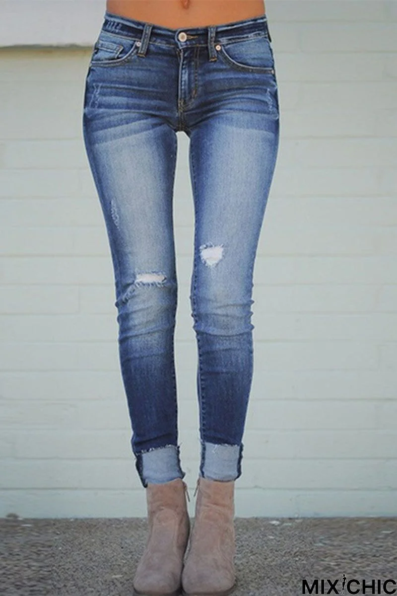 Plus Size Denim Distressed Pants