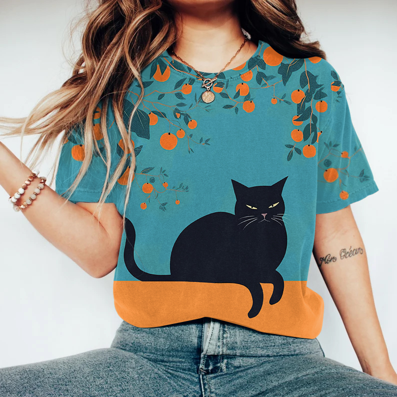 Comstylish Abstract Creative Cute Lovely Black Cat Painting Art T-Shirt