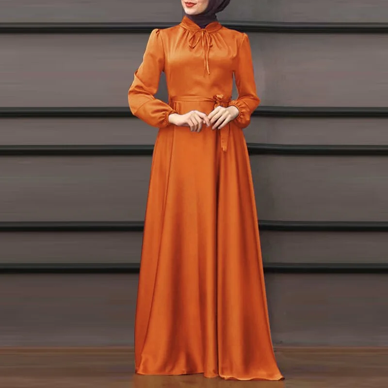ZANZEA Elegant Spring Long Sleeve Solid Maxi Long Satin Dress Women Sundress Dubai Abaya Hijab Muslim Dress Robe Lace Up Vestido