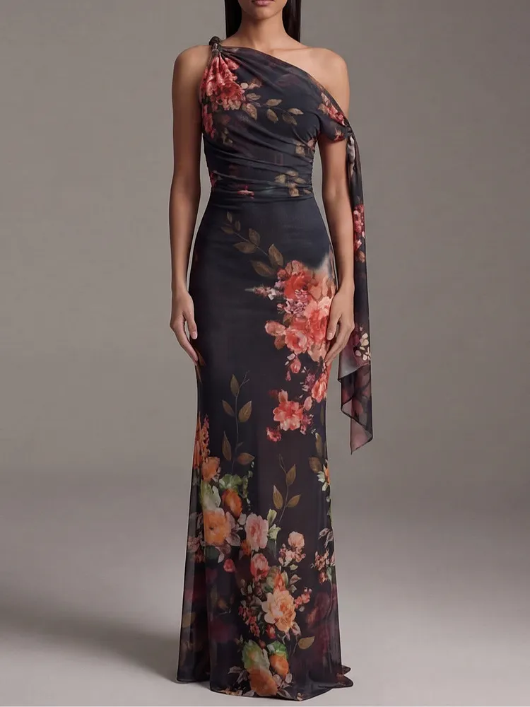 Black One-Shoulder Printed Pleated Chiffon Maxi Dress