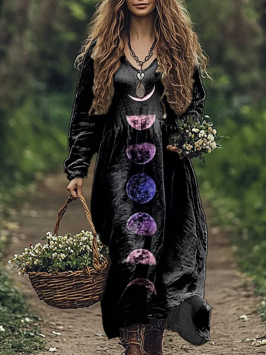 Women's Mysterious Crecent Moon Art Print Pocket Cotton Dress