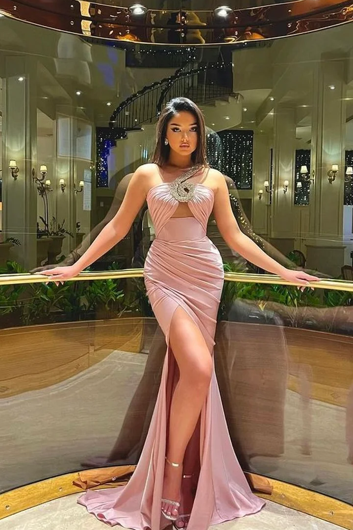 Daisda Stunning Pink Strapless Sleeveless Pleated Prom Dress with Split
