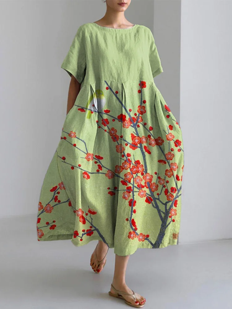 Plum Blossom Japanese Art Print Cozy Linen Dress