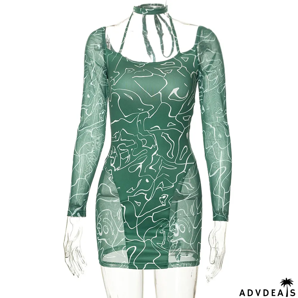 Women Fall Halter Neck Long Sleeve Tie Print Bodycon Dress