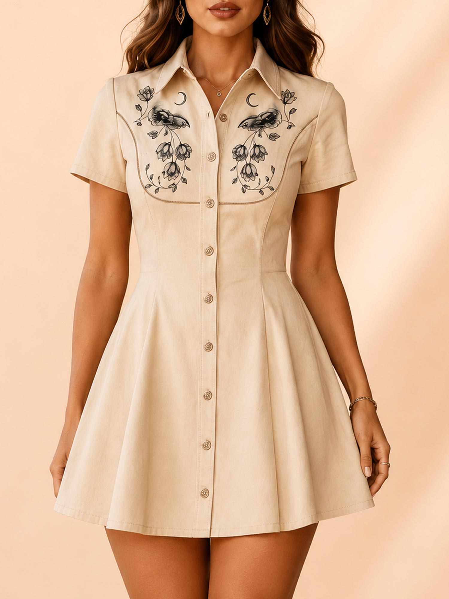 Ideal for Country Music Festivals &mdash; Apricot 100% Cotton Floral Embroidered Short Sleeve A-Line Dress