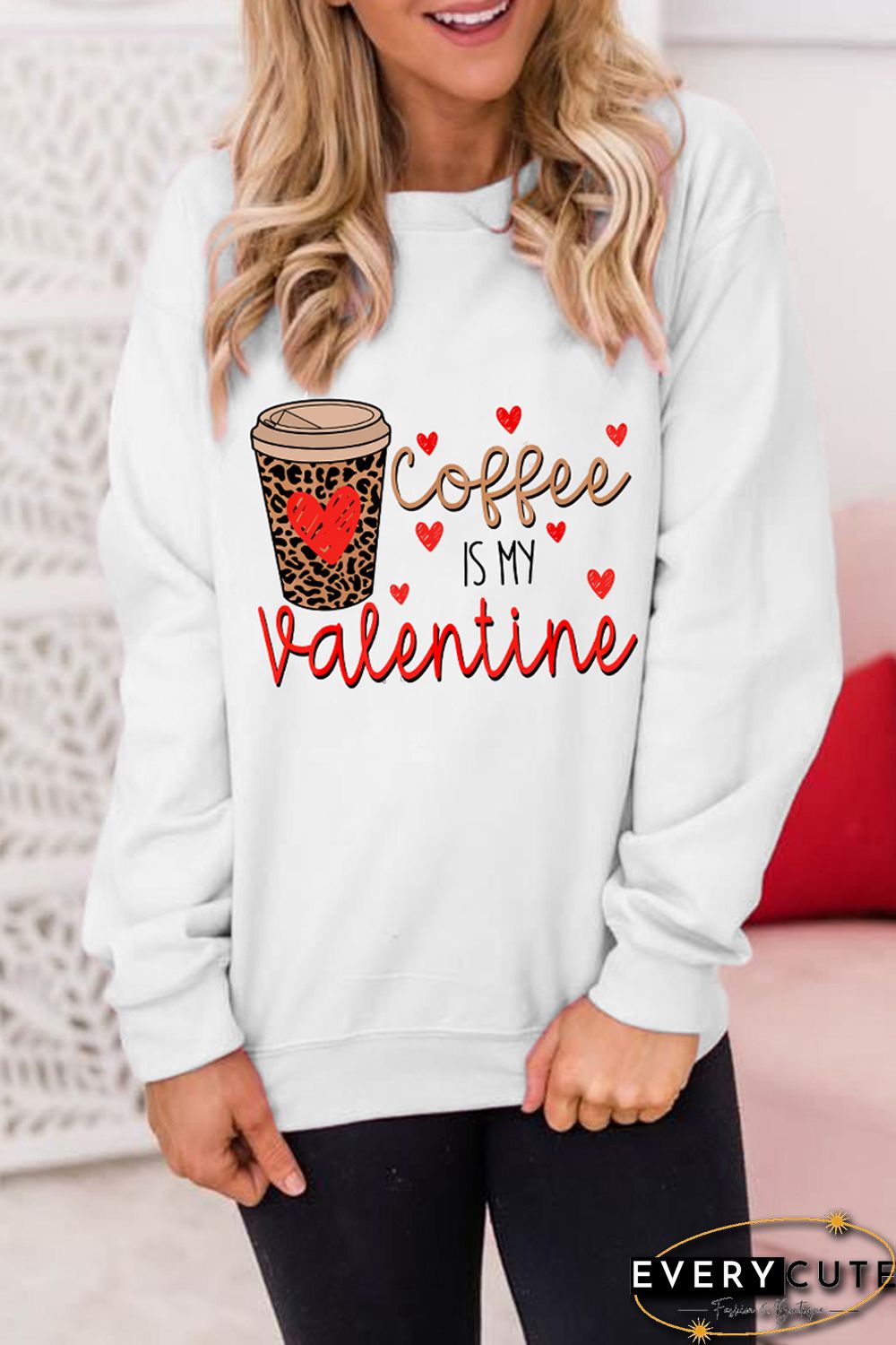 Letter Leopard Heart Graphic Print Long Sleeve Pullover Sweatshirt