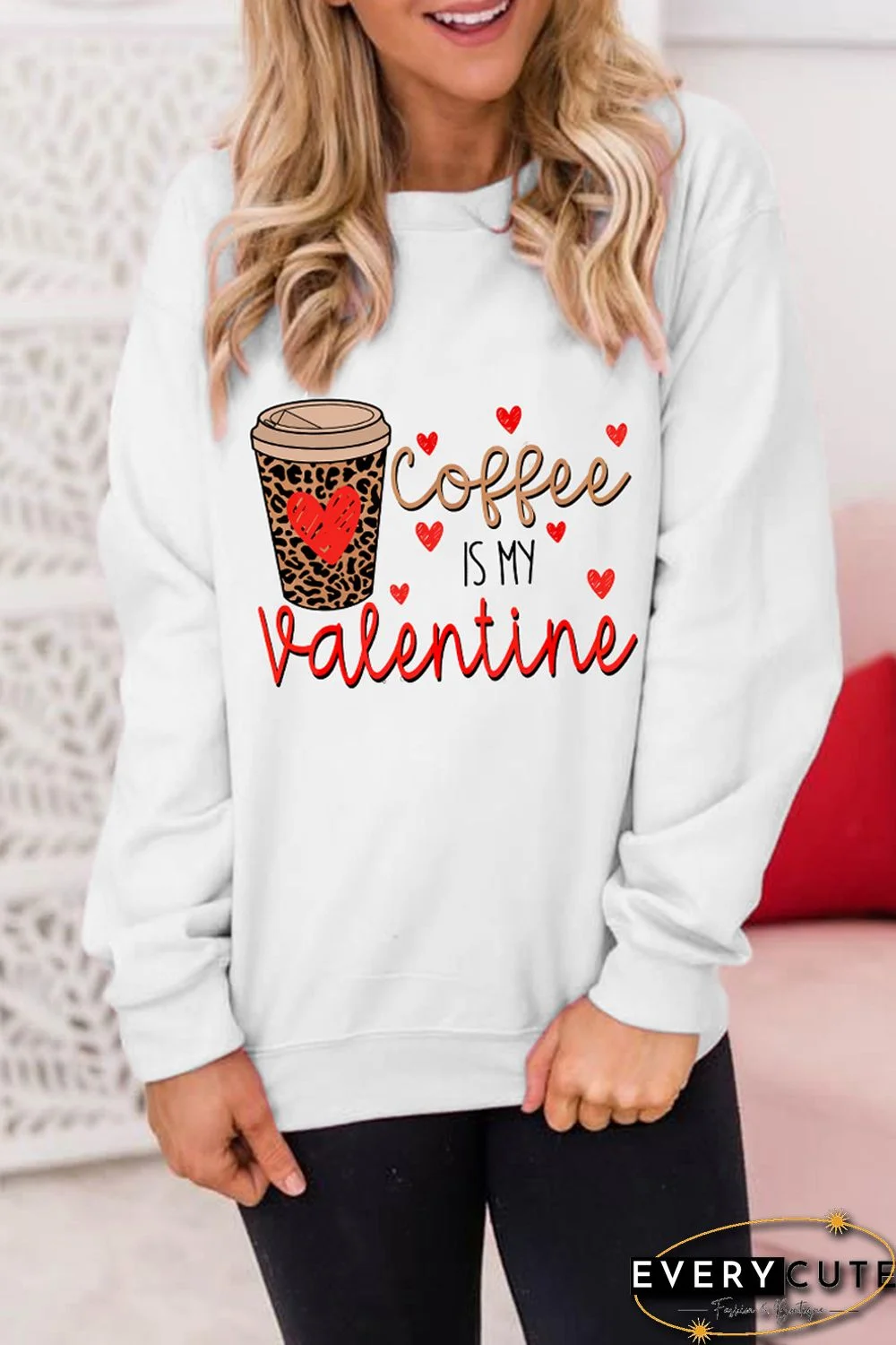 Letter Leopard Heart Graphic Print Long Sleeve Pullover Sweatshirt