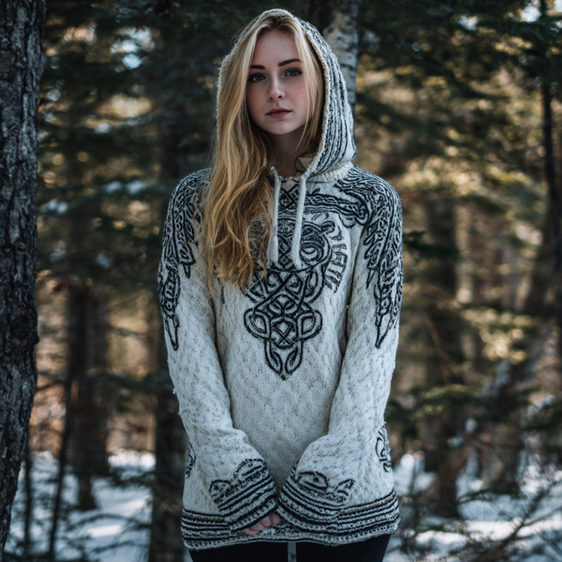 Vintage Viking Wings Art Knit Hooded Sweater elevenforest