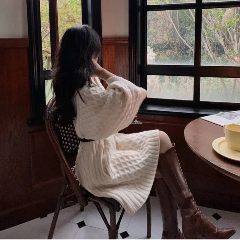 Autumn Winter Women Long Sleeve Sweater Dress V-neck Pullovers Loose Korean Thick Warm Casual Vintage Knitted Oversize Knitwear