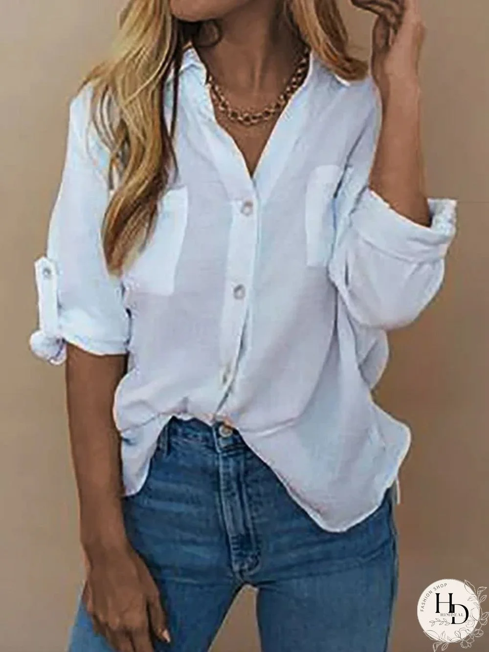 Long Sleeve Printed Shirt Collar Shift Blouse