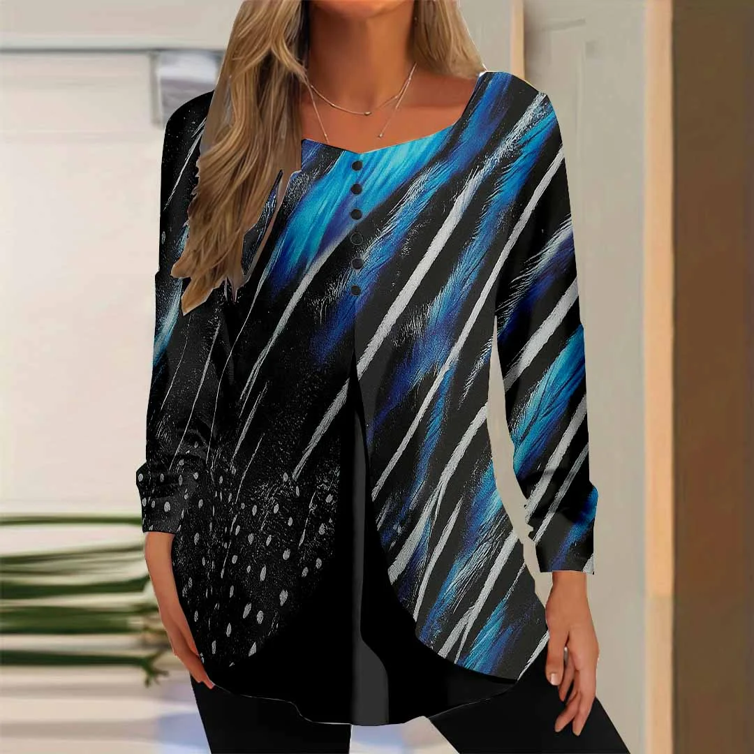 Women Graphic,Blue DZGG8304 Long Sleeve Scoop Neck Printed Graphic Button Fake 2in1 Tops