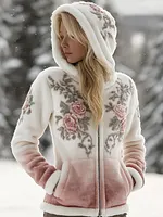 Bohemian Style Plant Flower Pattern Women's Winter Warm Flannel Coat