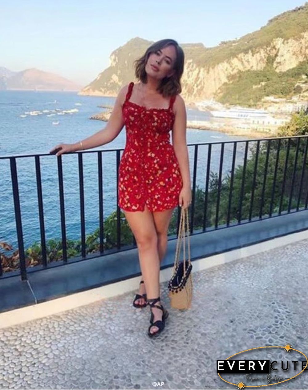 Casual Corset Red Fleur Floral Ruffle Strap Button Up Floral Dress