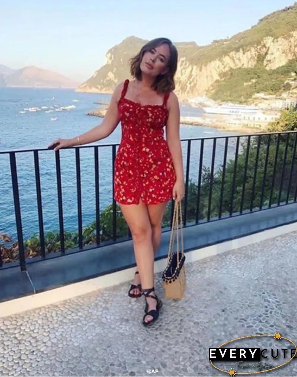 Casual Corset Red Fleur Floral Ruffle Strap Button Up Floral Dress