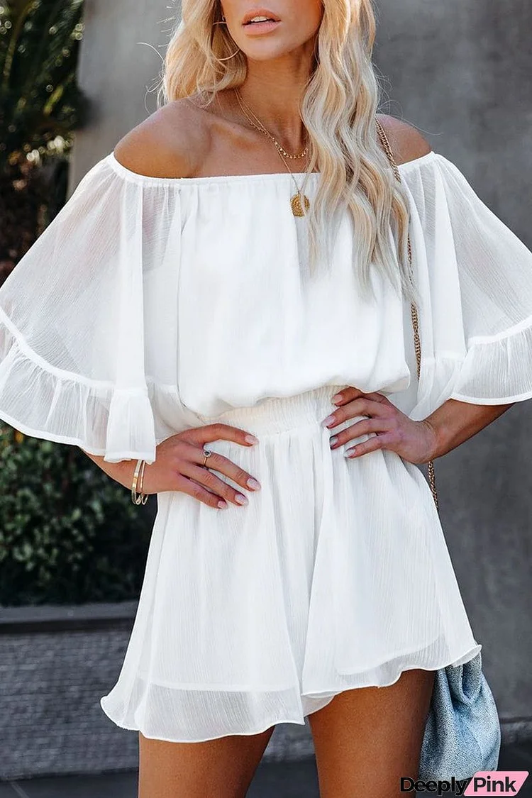 Casual Daily Solid Patchwork Flounce Off the Shoulder Loose Jumpsuits