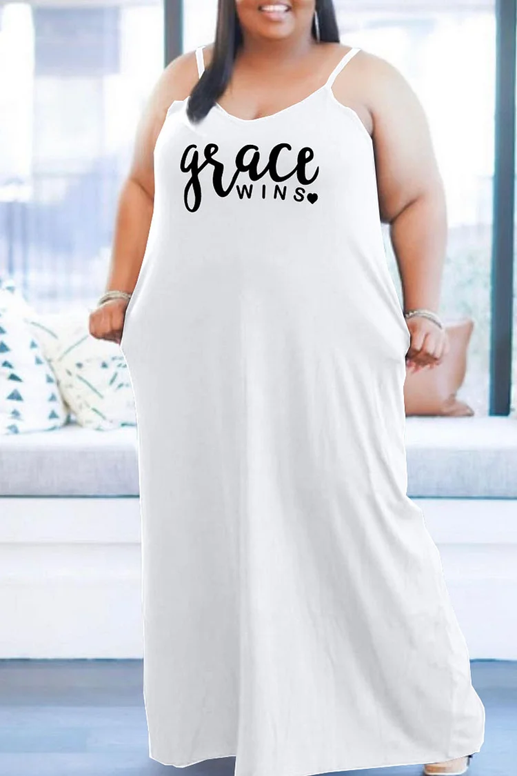 White Casual Print Split Joint Spaghetti Strap Sling Dress Plus Size Dresses