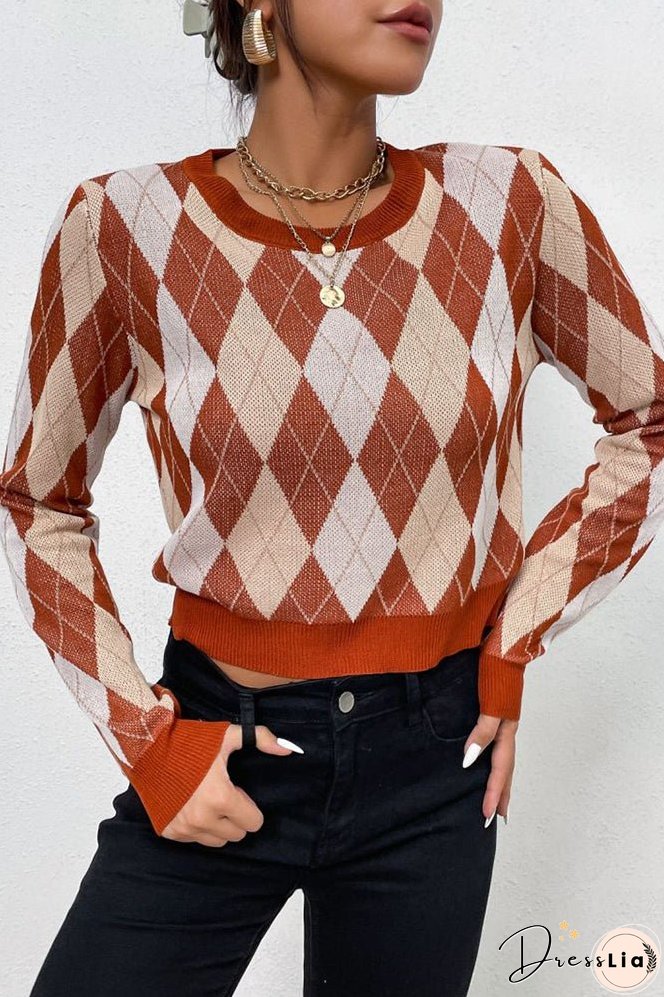 Brown Diamond Knit Pullover Sweaters