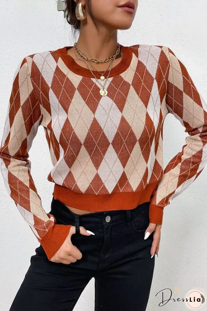 Brown Diamond Knit Pullover Sweaters
